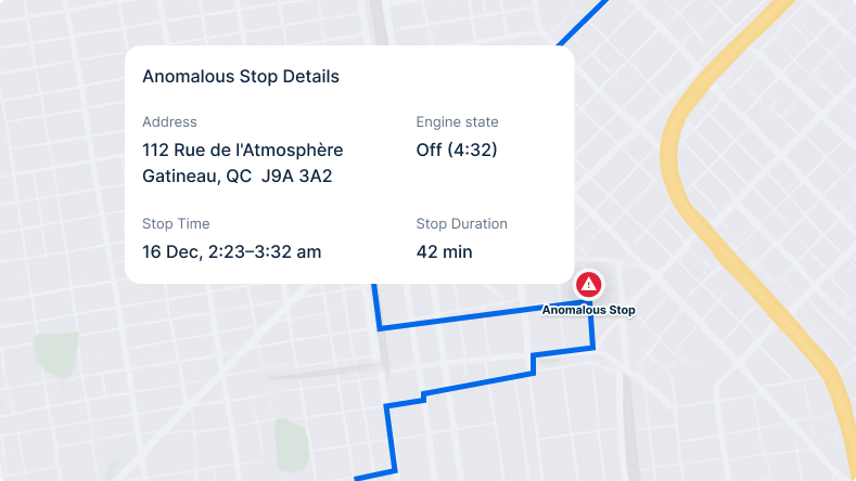 Map showing anomalous vehicle stop details with location, time, and duration information overlaid on street view.