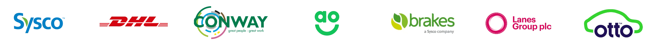 Logo's van verschillende bedrijven waaronder Sysco, DHL, Conway, AO, Brakes, Lanes Group en Otto