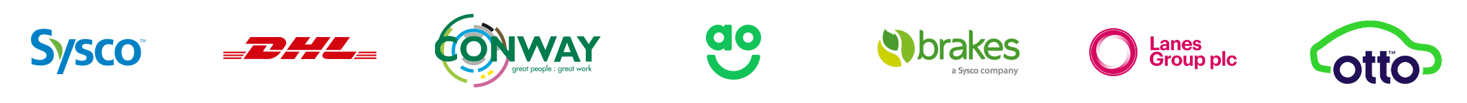 Logos d'entreprises partenaires: Sysco, DHL, Conway, AO, Brakes, Lanes Group et Otto.