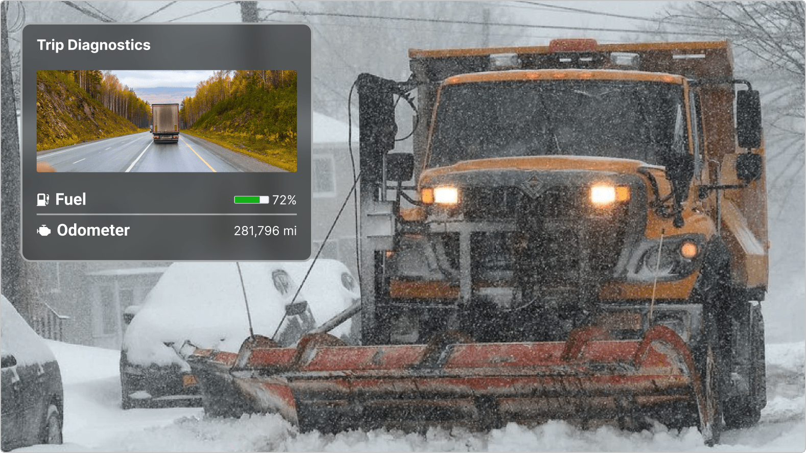 Orange snowplow clearing road during heavy snowfall, with trip diagnostics display showing fuel level and odometer reading.
