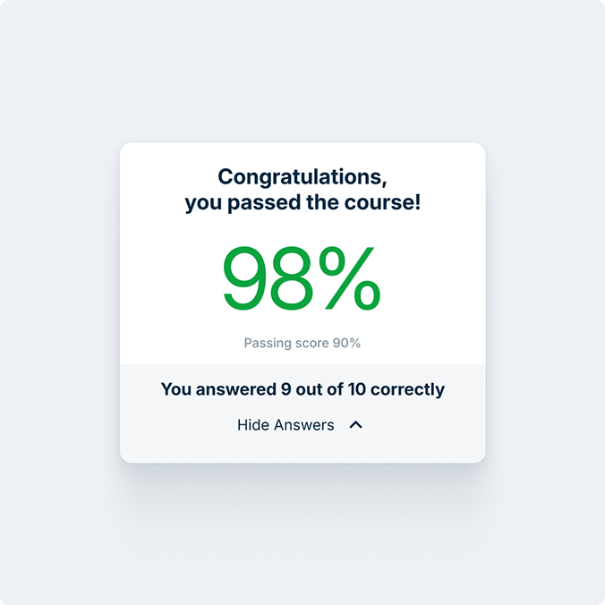 Course completion card showing 98% score with 9 out of 10 questions answered correctly, above the 90% passing threshold.