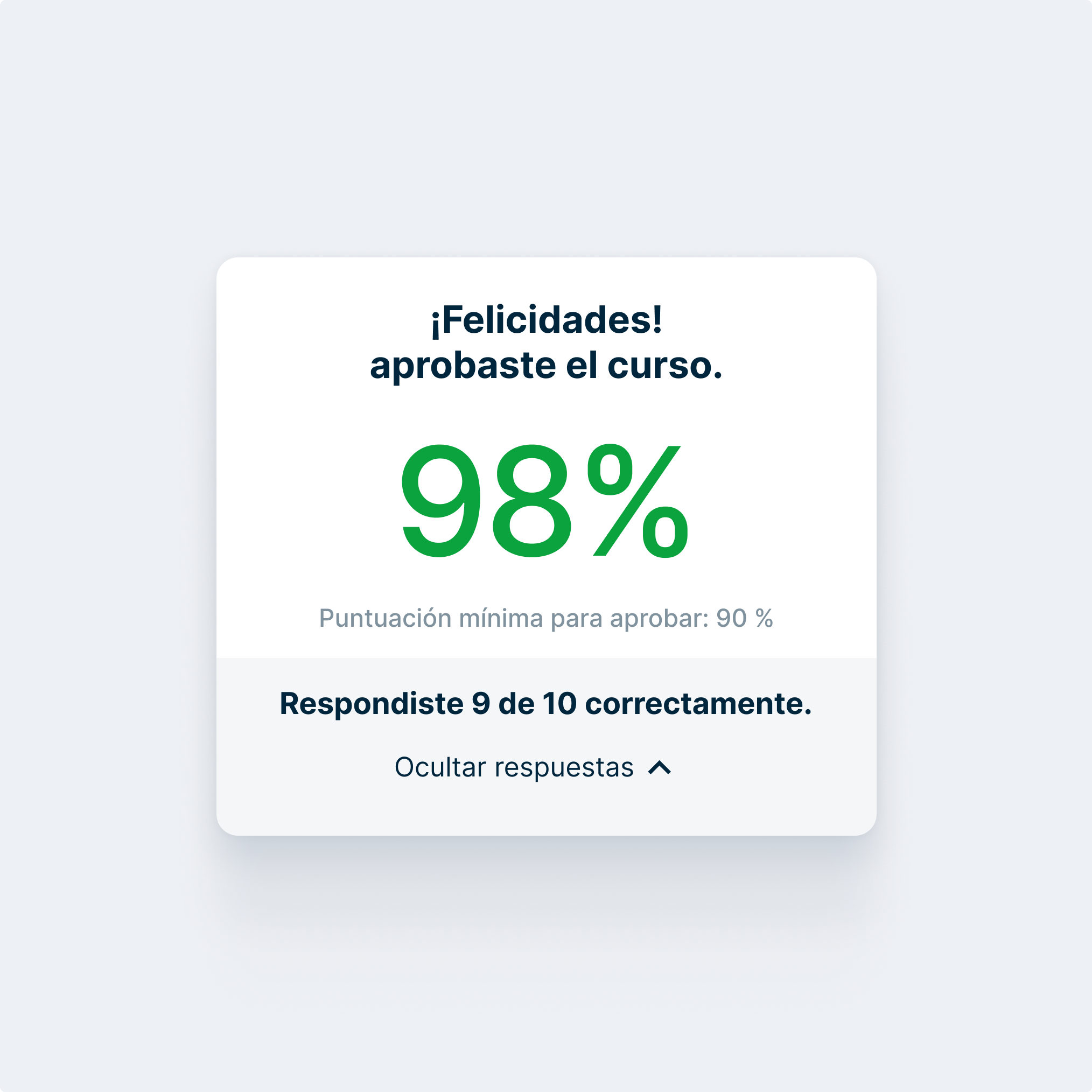 Ficha de finalización del curso con puntaje del 98% (9/10 respuestas correctas), arriba del umbral de aprobación del 90%.