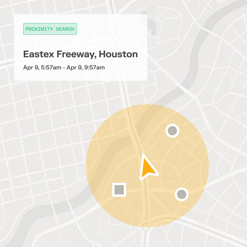 Map showing a proximity search near Eastex Freeway, Houston on Apr 9, 5:57am–9:57am, with nearby location markers.