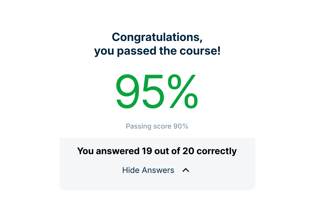 Course completion screen showing 95% score with 19 out of 20 correct answers, above the 90% passing threshold.