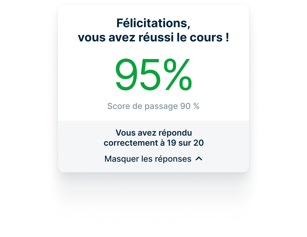L’écran de complétion du cours affiche 95% avec 19 bonnes réponses sur 20, au-dessus du seuil de réussite de 90%.