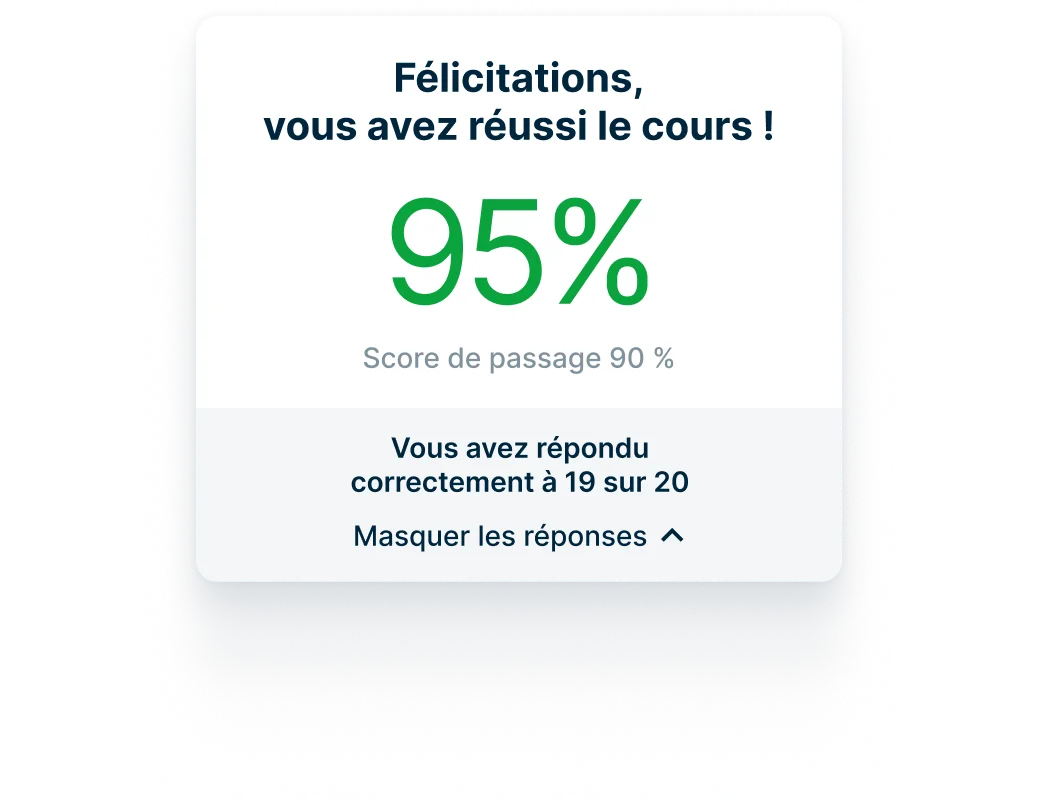 L’écran de complétion du cours affiche 95% avec 19 bonnes réponses sur 20, au-dessus du seuil de réussite de 90%.