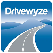 Logo de Drivewyze que muestra un camino sinuoso a través de colinas azules con el nombre de la empresa en la parte superior