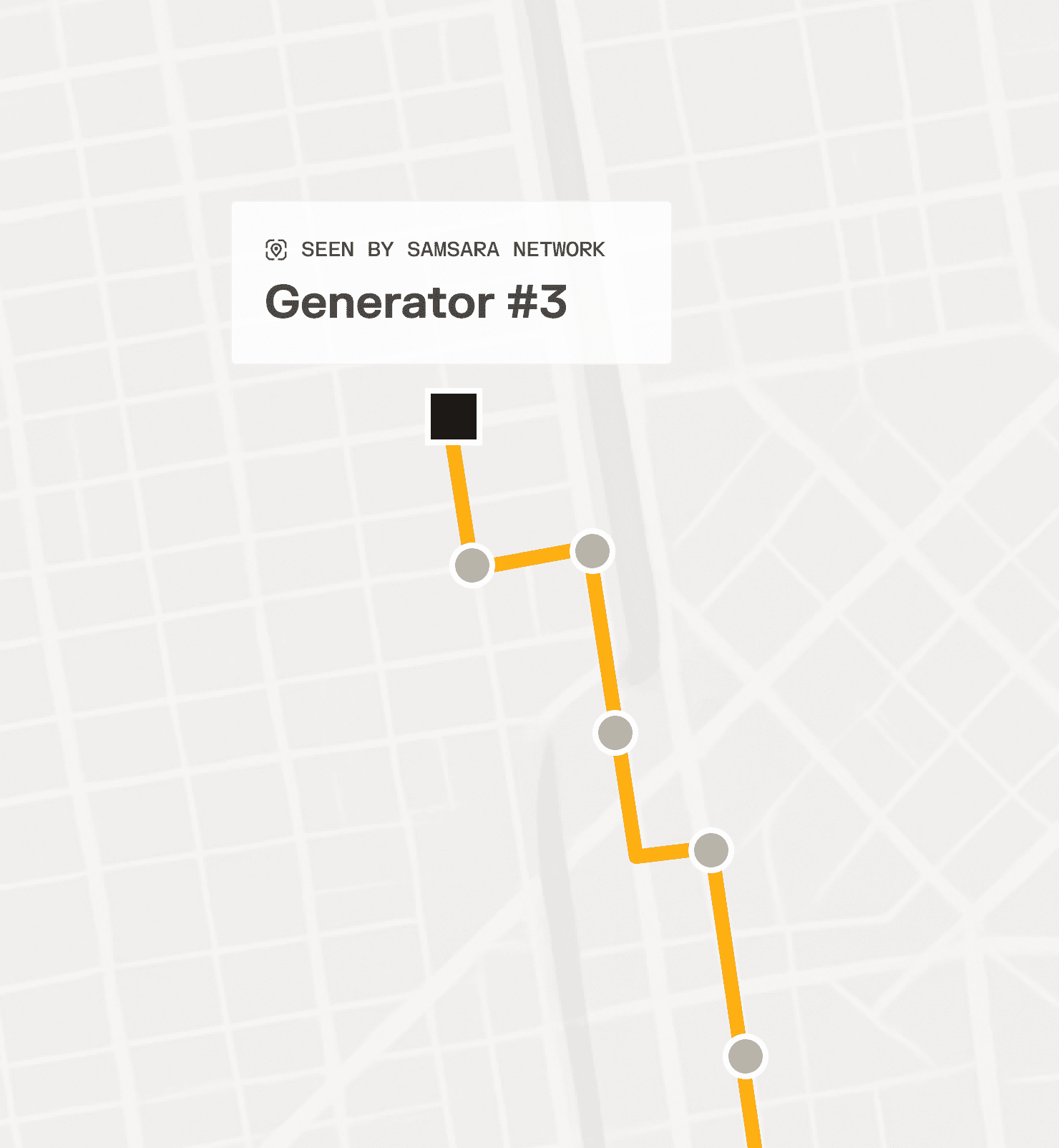 Map showing Generator #3 asset tracked by Samsara Network, with an orange route path and gray waypoint markers.