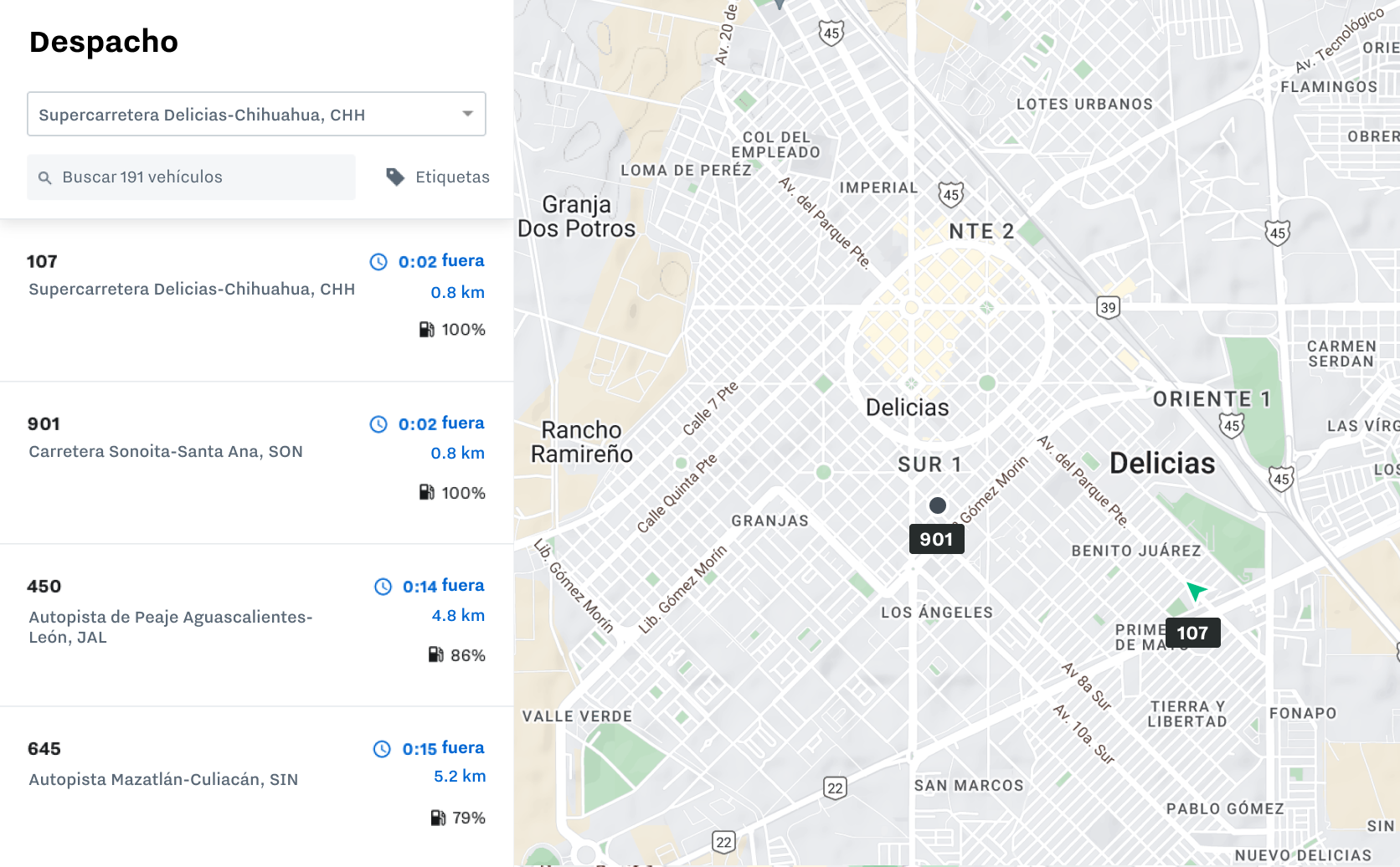 Captura de pantalla del despacho en tiempo real para nuevos negocios por Samsara