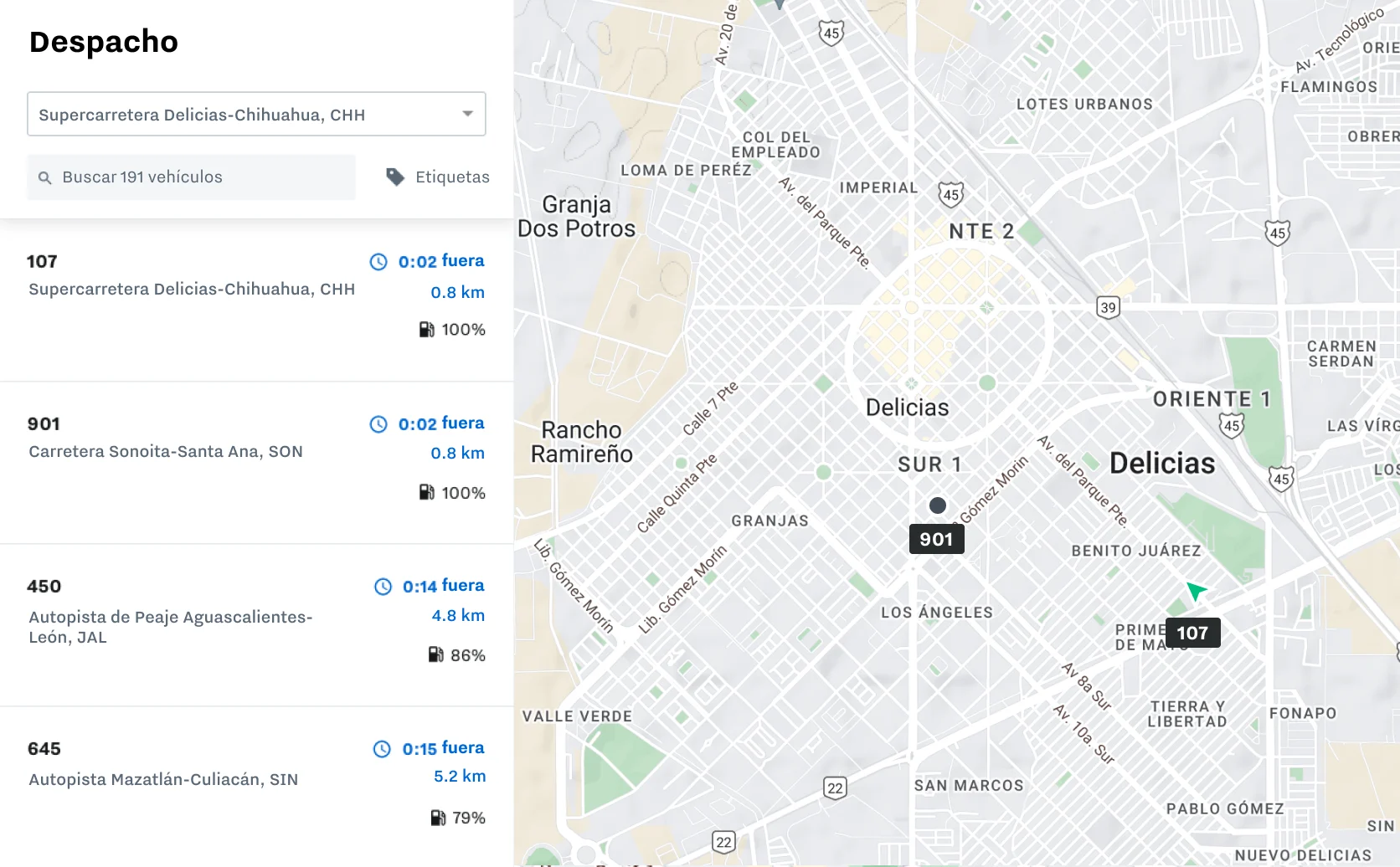 Captura de pantalla del despacho en tiempo real para nuevos negocios por Samsara