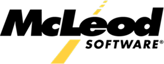 Logotipo de McLeod Software con el nombre de la empresa en negro y un acento de franja diagonal amarilla.