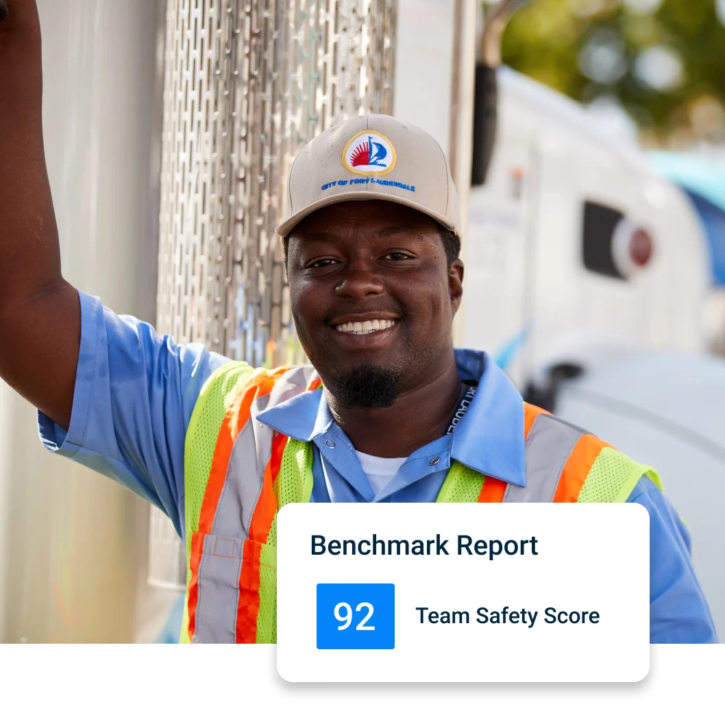 City worker standing by a truck with an overlay of the Samsara safety scorecard showing a Team Safety Score of 92