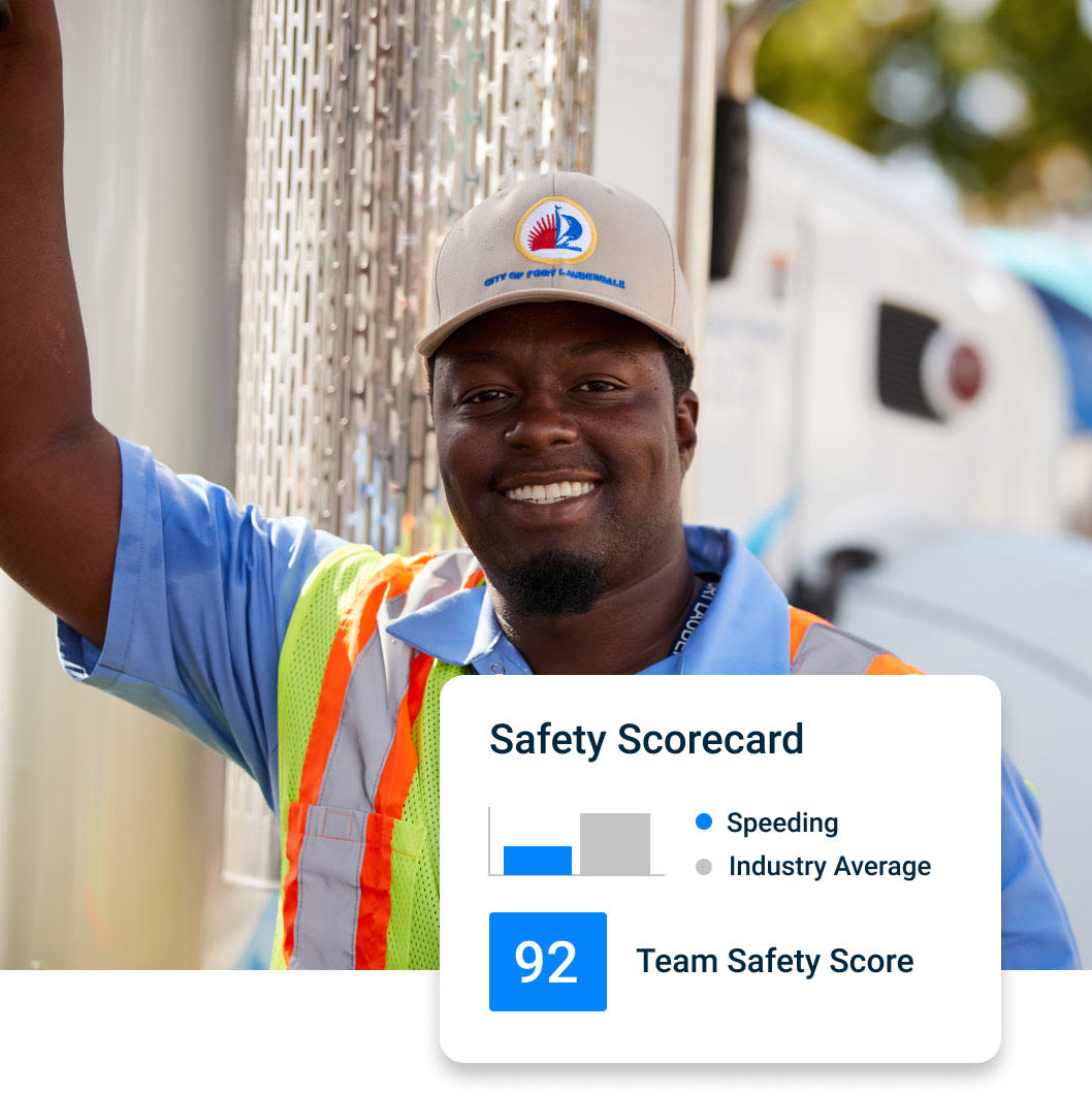 City worker standing by a truck with an overlay of the Samsara safety scorecard showing a Team Safety Score of 92