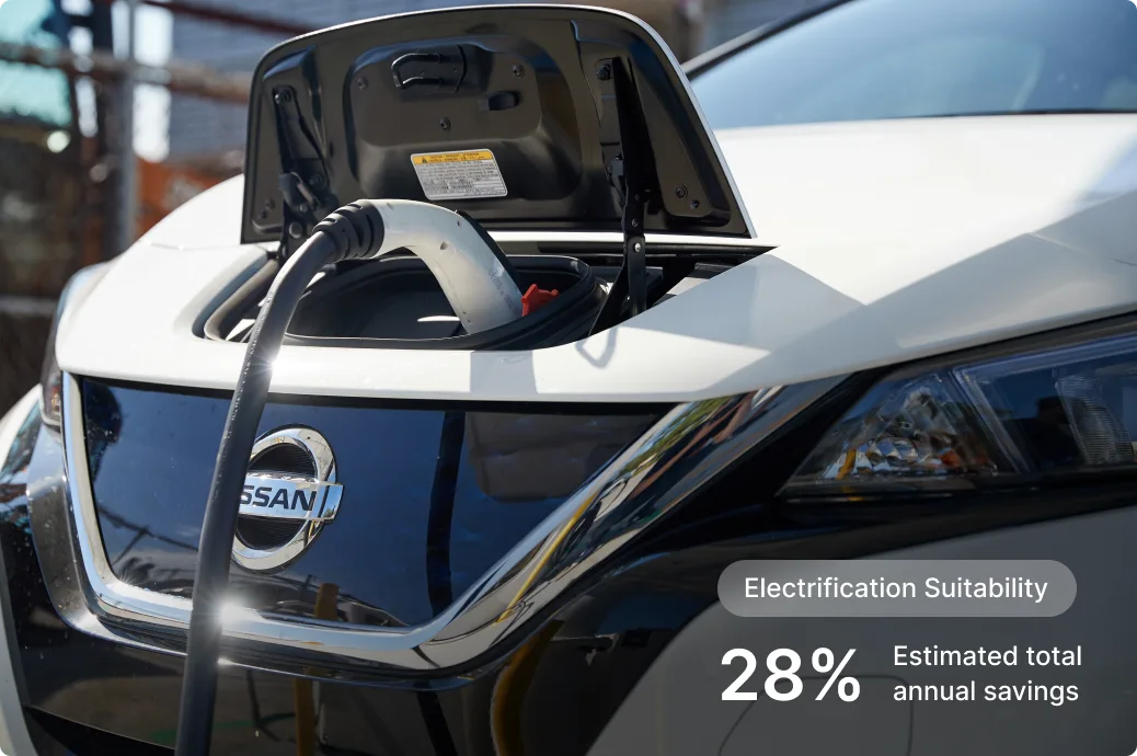 White Nissan electric vehicle with open charging port and cable connected, showing 28% electrification suitability.