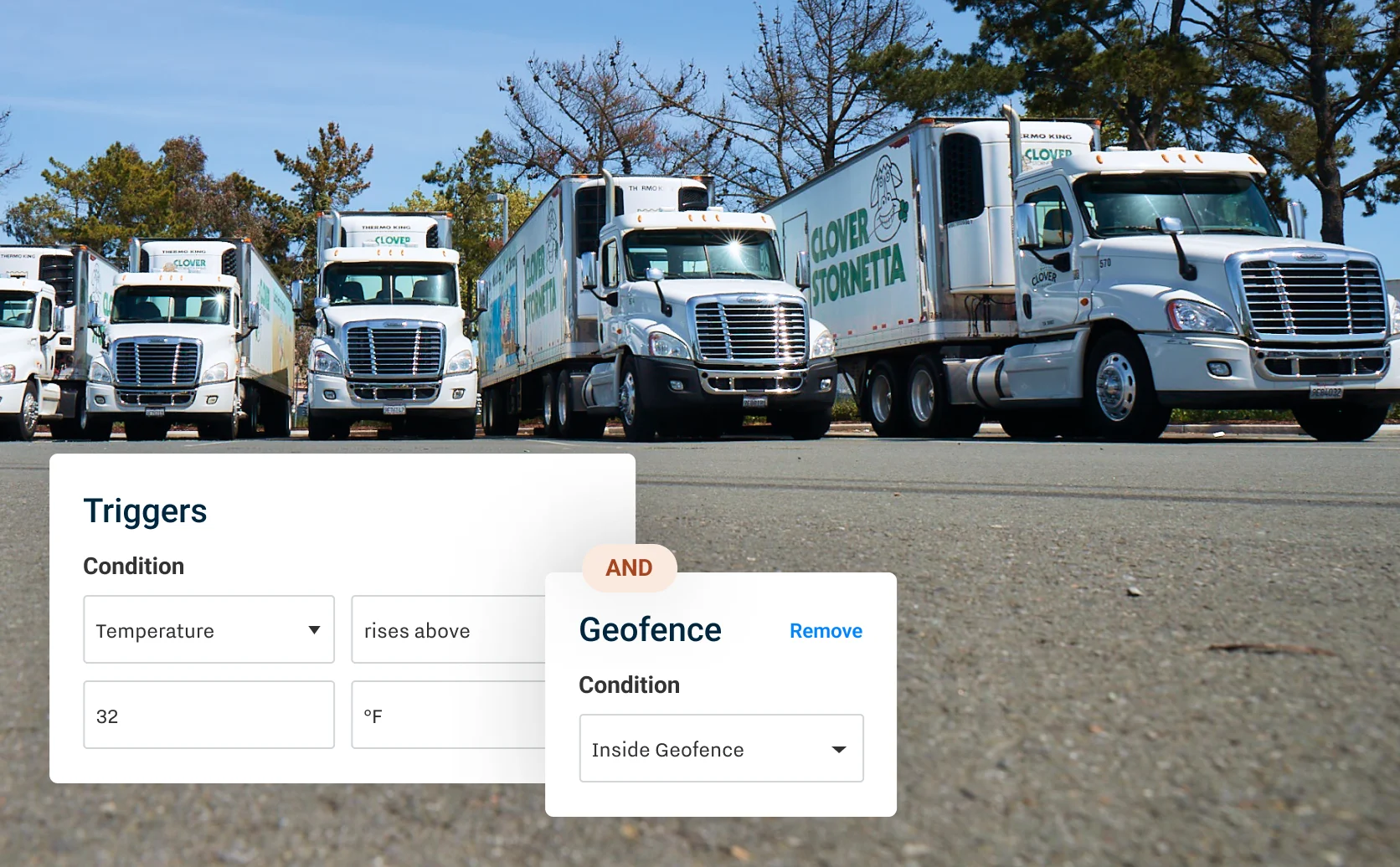 fleet of trucks with pop ups noting actionable alerts such as triggers and geofence