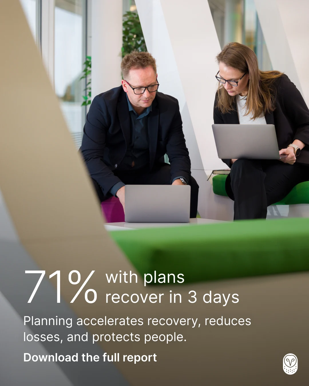 Two professionals in dark suits working on laptops with text stating "71% with plans recover in 3 days"