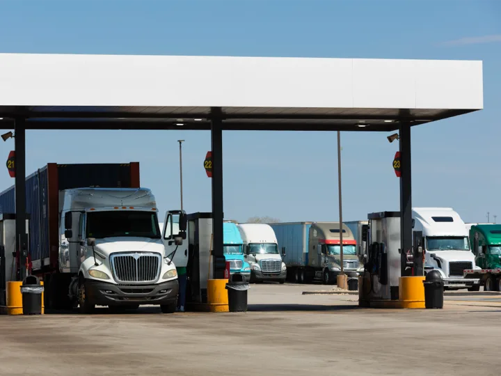 Group of trucks at truck stop gas pump in Missouri, United States