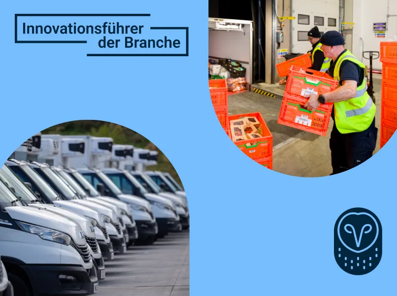 Grafik mit Text "Innovationsführer der Branche", Lieferwagen-Flotte und Lagerarbeiter mit orangenen Kisten auf blauem Hintergrund.