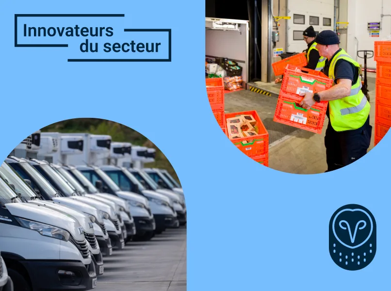 Bannière "Innovateurs du secteur" montrant une flotte de camionnettes blanches et des travailleurs manipulant des caisses oranges.