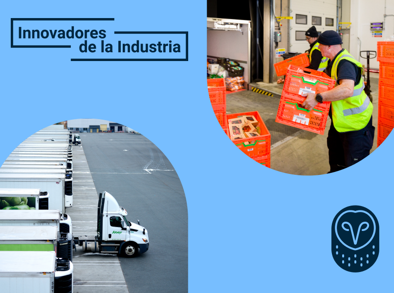 Innovadores de la Industria: trabajadores con cajas naranjas y camiones de distribución en un centro logístico.