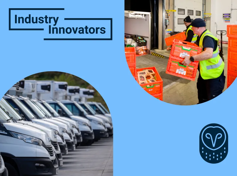 Industry Innovators banner with delivery vans lined up and warehouse workers handling bright orange storage crates.