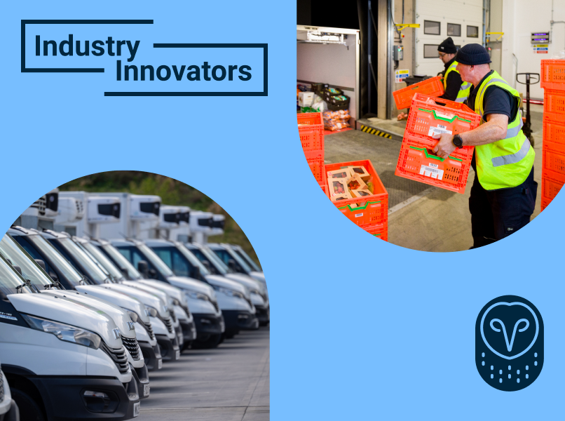 "Industry Innovators" graphic showing Glazer's delivery trucks and warehouse worker operating a forklift in a distribution center.