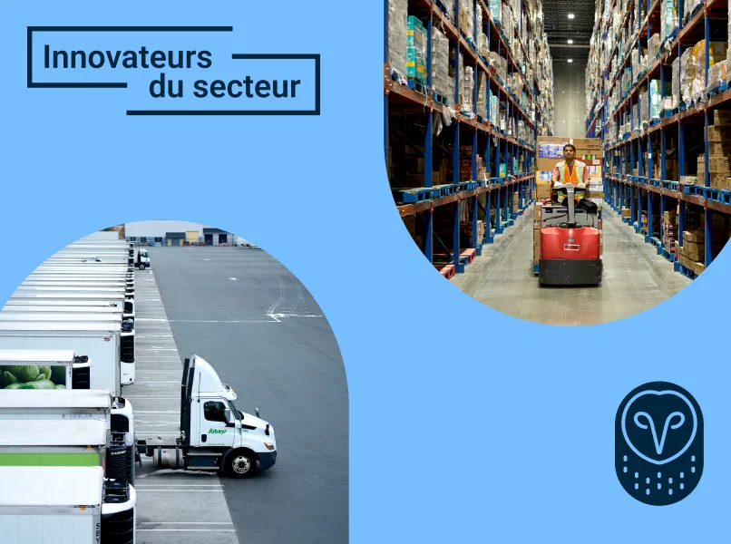 Montage "Innovateurs du secteur" montrant des camions de livraison et un travailleur sur chariot élévateur dans un entrepôt.