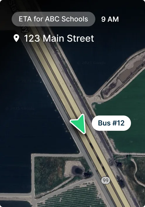 Map view showing Bus #12 location with ETA for ABC Schools at 9 AM, address 123 Main Street.