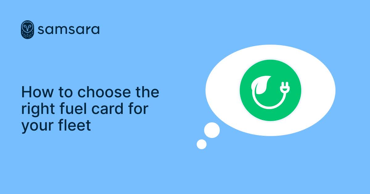 Samsara guide on choosing fleet fuel cards with eco-friendly icon in thought bubble on light blue background.