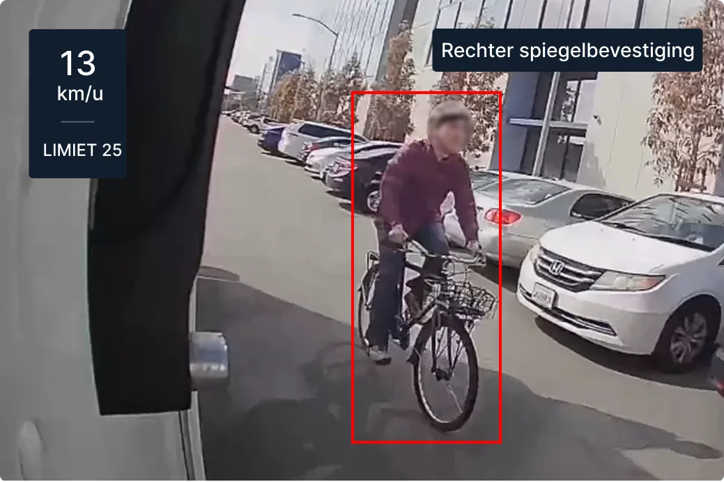 Dashboardweergave met fietser op straat met geparkeerde auto's, snelheidsdisplay toont 21 km/u in een 40 km/u-zone.