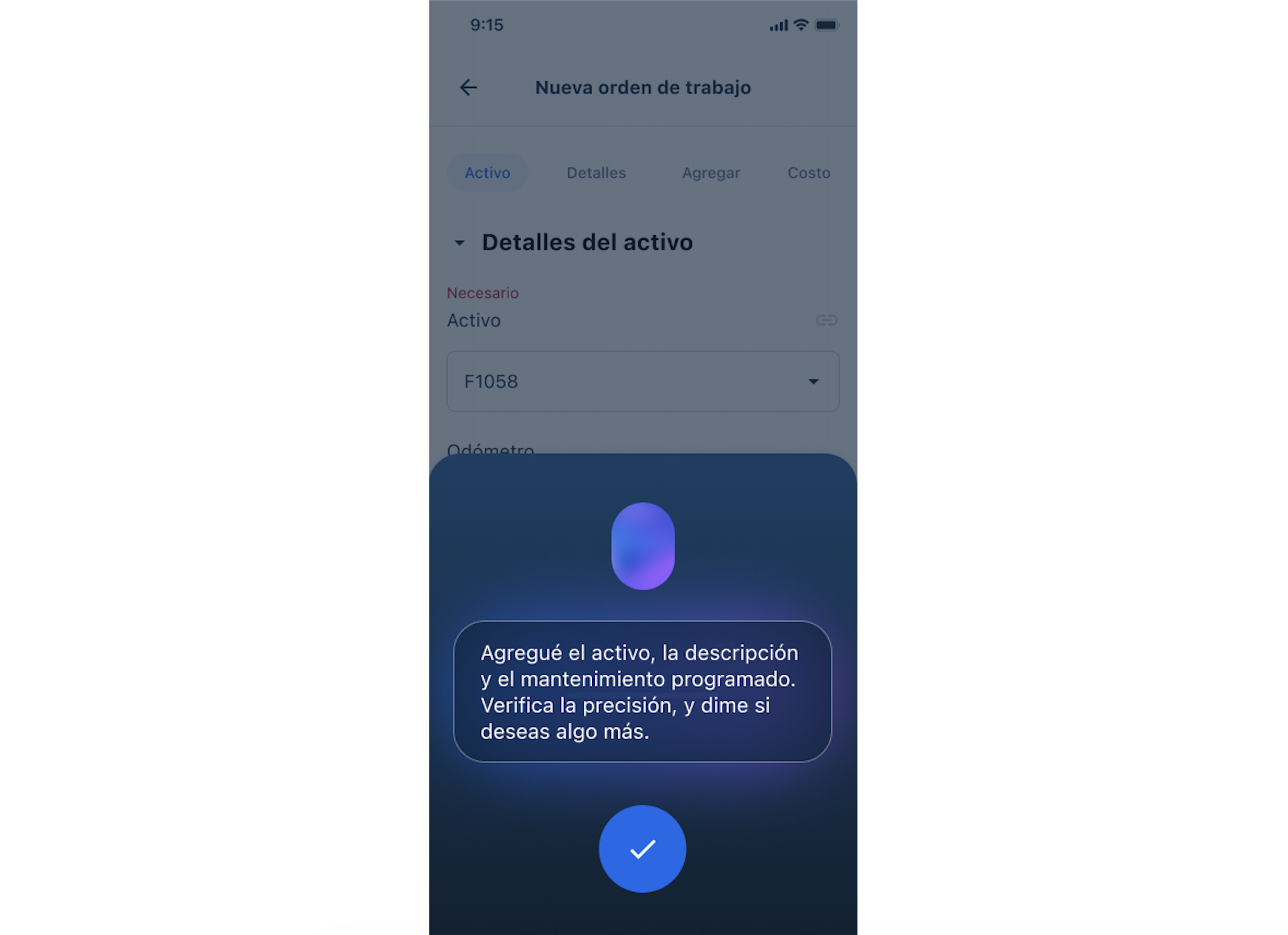 Asistente virtual con mensaje de confirmación en azul oscuro.