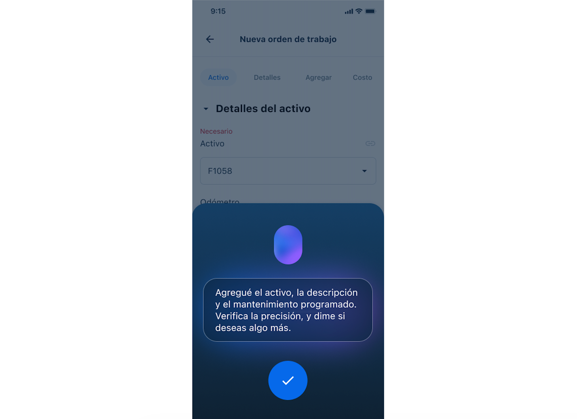 Asistente virtual con mensaje de confirmación en azul oscuro.