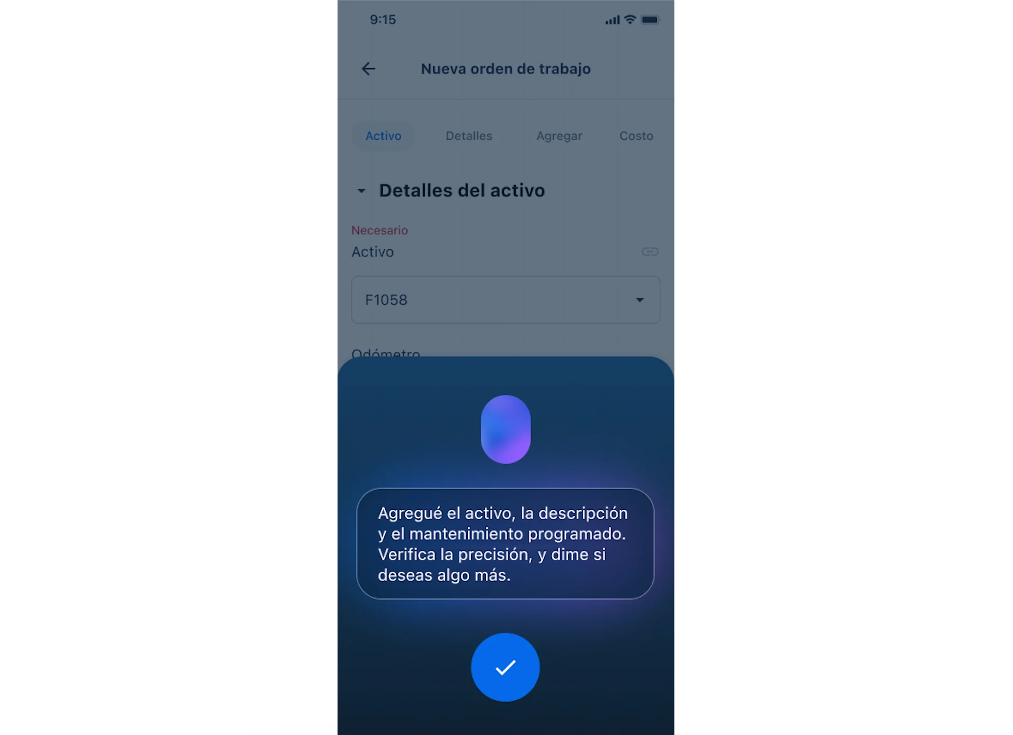 Asistente virtual con mensaje de confirmación en azul oscuro.