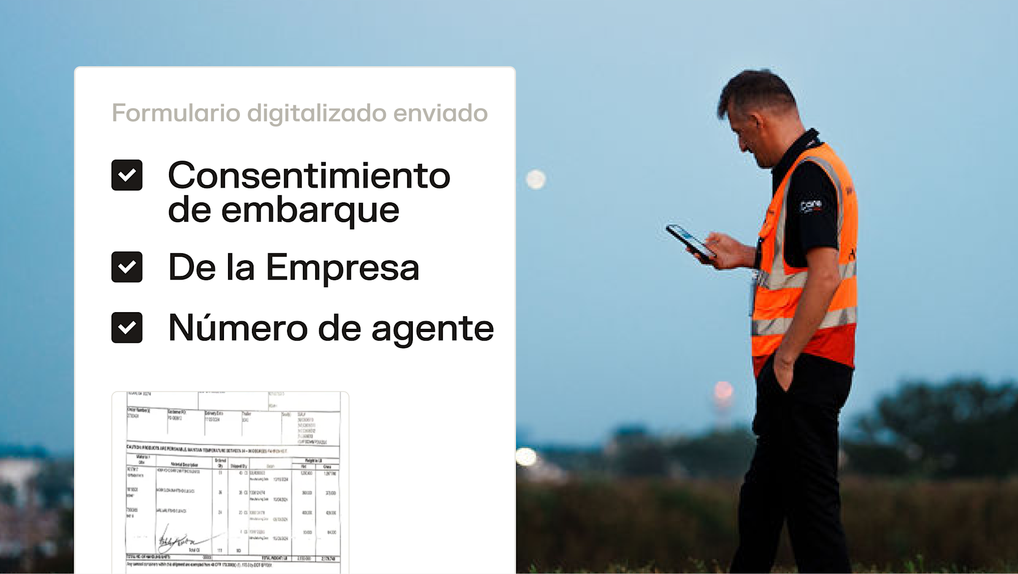 Trabajador con chaleco naranja revisa tableta; formulario digital con consentimiento de embarque, empresa y número de agente.