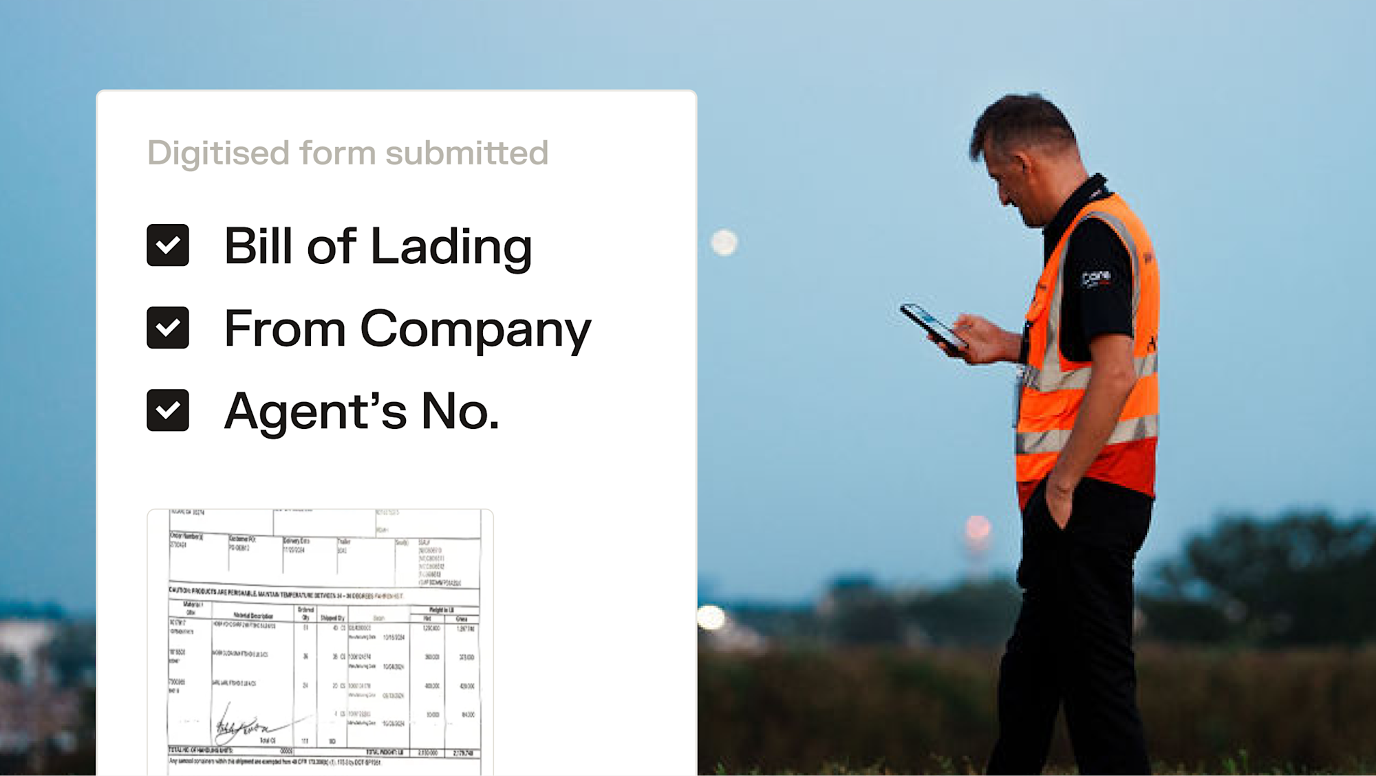 Worker in orange vest using tablet beside a digitized Bill of Lading form with checked fields on screen.