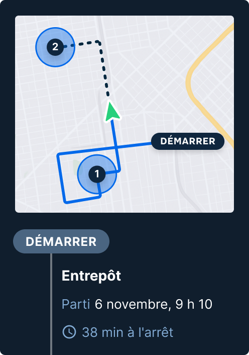 Carte montrant l’itinéraire de livraison avec deux arrêts et le point de départ de l’entrepôt le 6 novembre, 9 h 10.