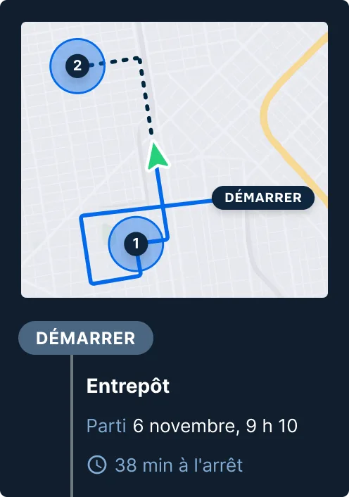 Carte montrant l’itinéraire de livraison avec deux arrêts et le point de départ de l’entrepôt le 6 novembre, 9 h 10.