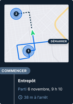 Carte montrant l'itinéraire de livraison, le point de départ et l'information sur le départ de l'entrepôt du 6 novembre