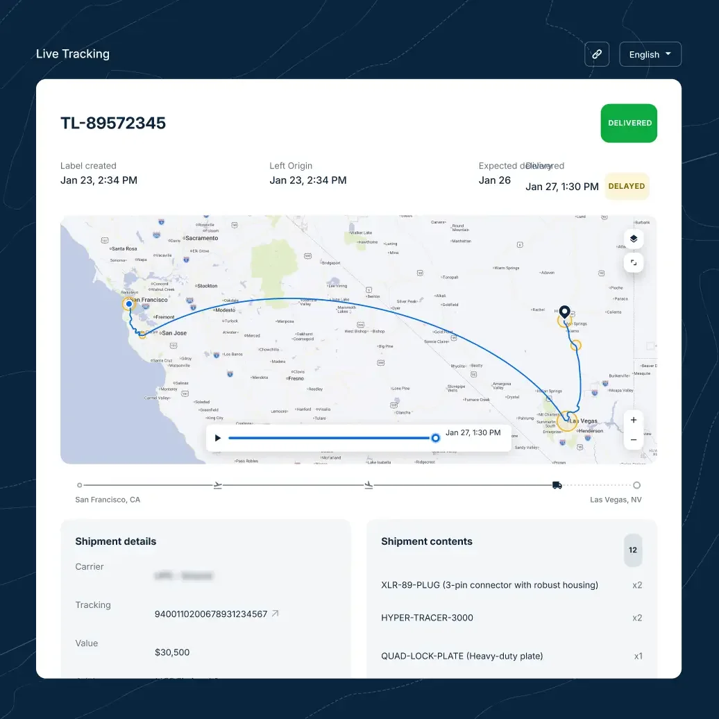 Live tracking dashboard showing a delivered shipment route from San Francisco, CA to Las Vegas, NV with delay notice.