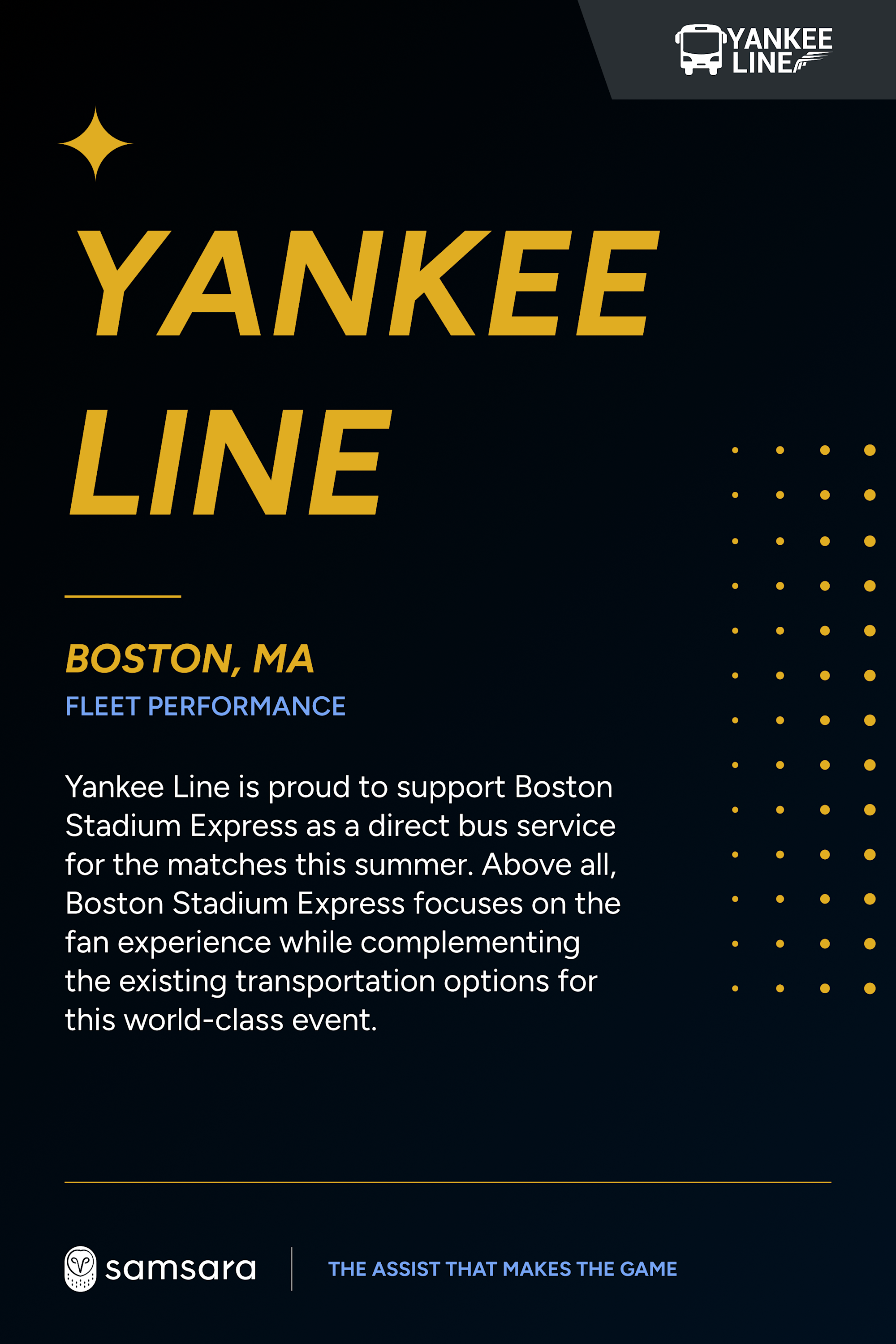 Yankee Line Boston, MA fleet performance promotional graphic on dark background with gold text and Samsara branding.