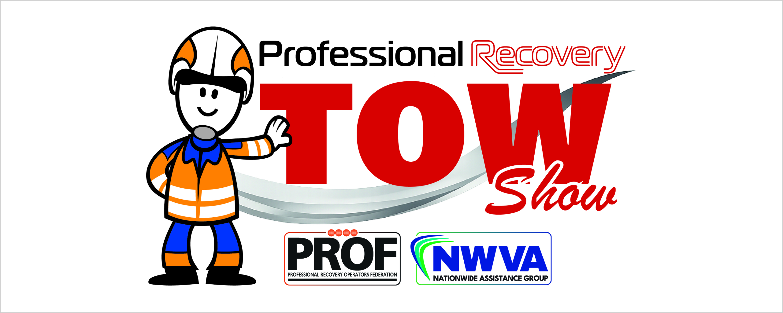 Professional Recovery Tow Show logo with a cartoon worker in hi-vis, alongside PROF and NWVA sponsor logos.