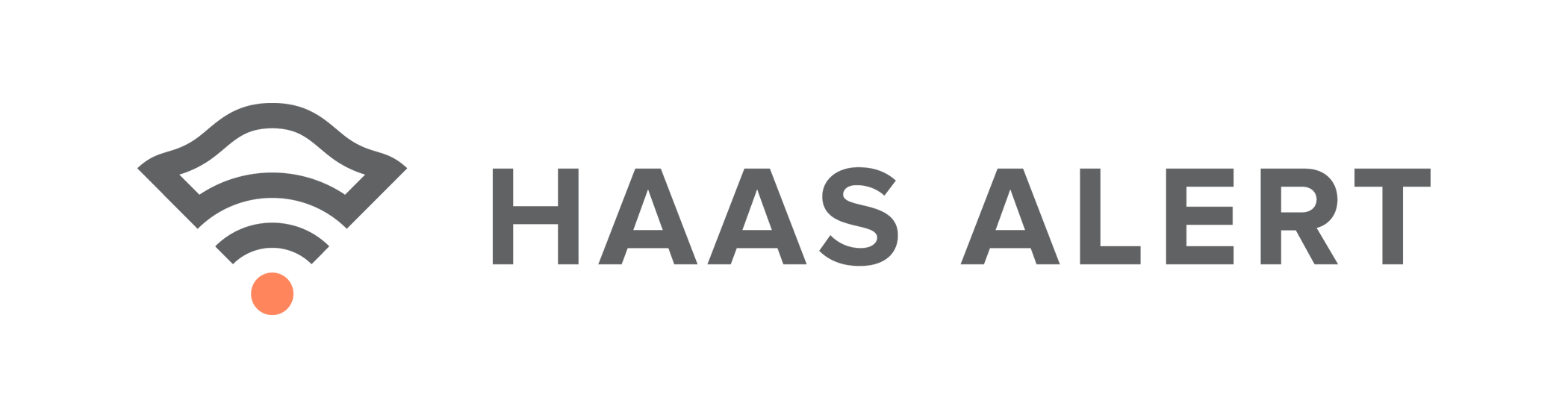 HAAS ALERT logo with gray WiFi symbol featuring orange dot and gray text spelling "HAAS ALERT"
