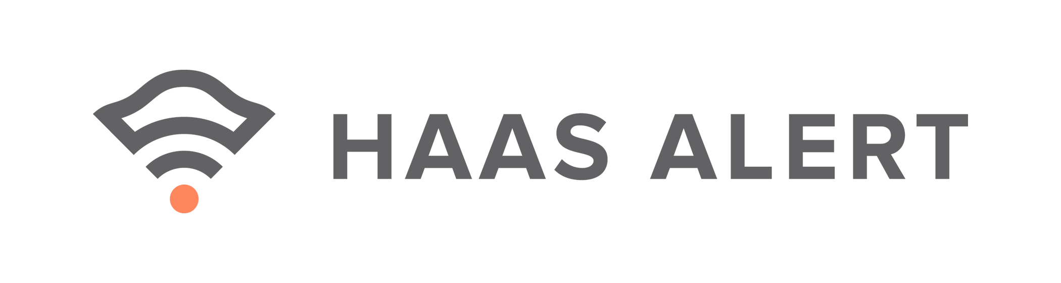 HAAS ALERT logo with gray WiFi symbol featuring orange dot and gray text spelling "HAAS ALERT"