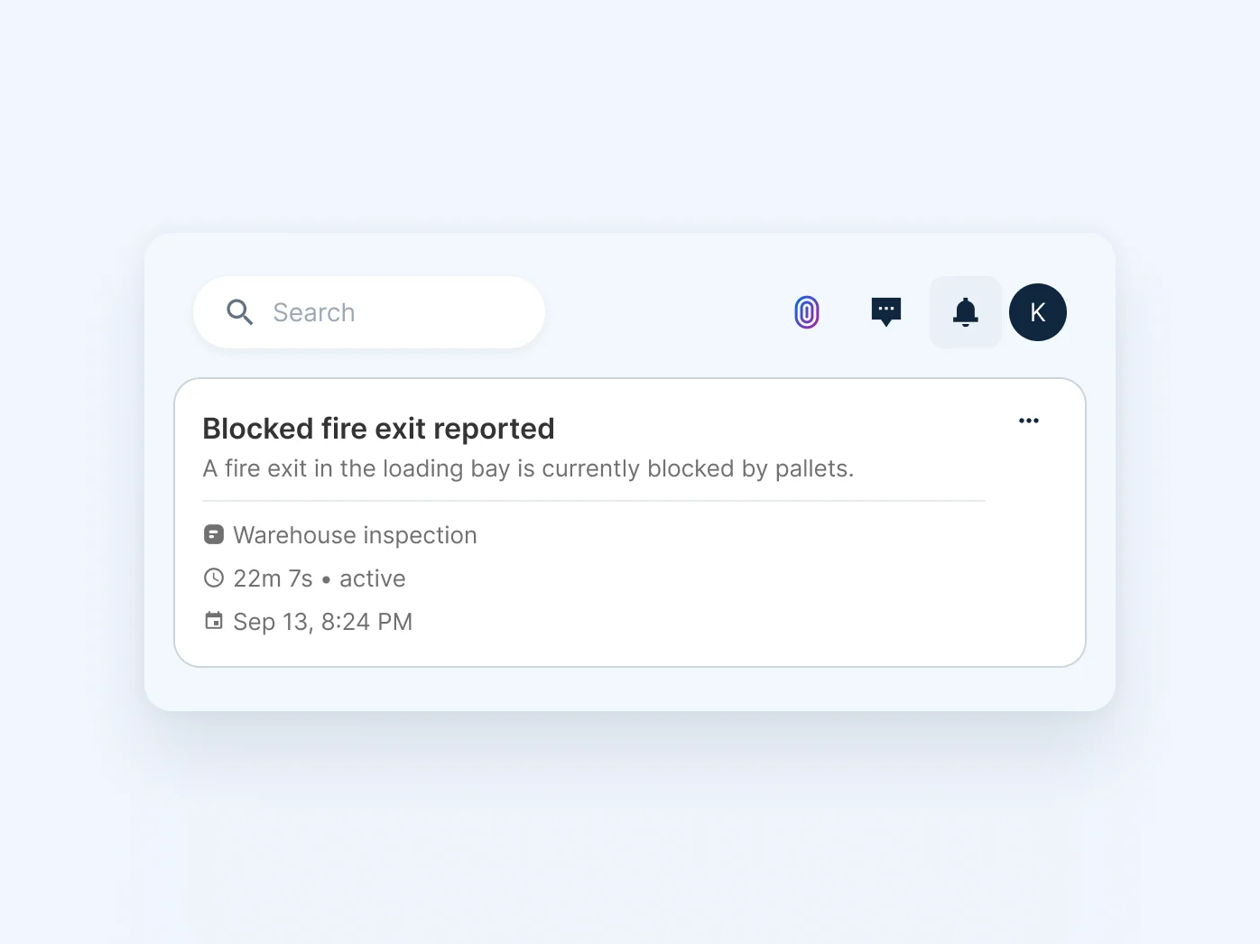 Mobile app alert showing warehouse safety notification about a blocked fire exit in loading bay, reported at 8:24 PM.