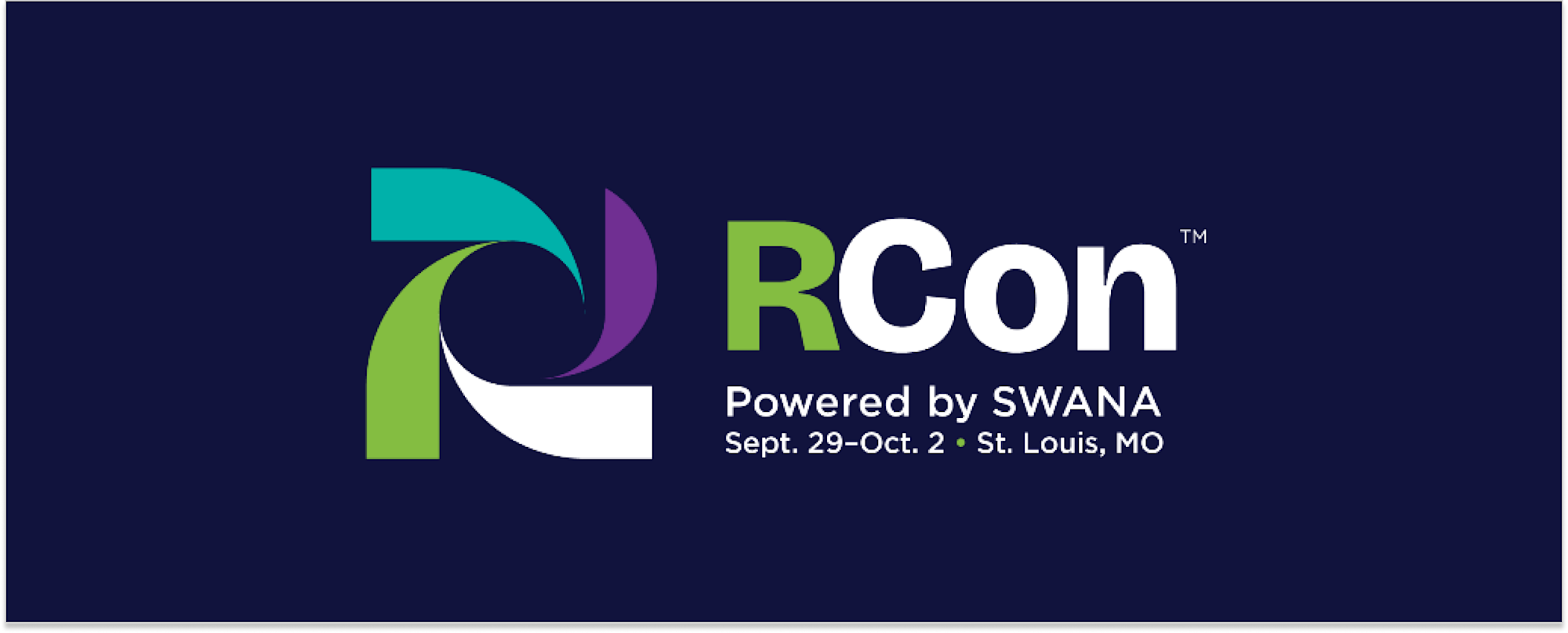 RCon powered by SWANA logo on navy background, event Sept. 29–Oct. 2, St. Louis, MO, with teal, purple, and green swirl icon.