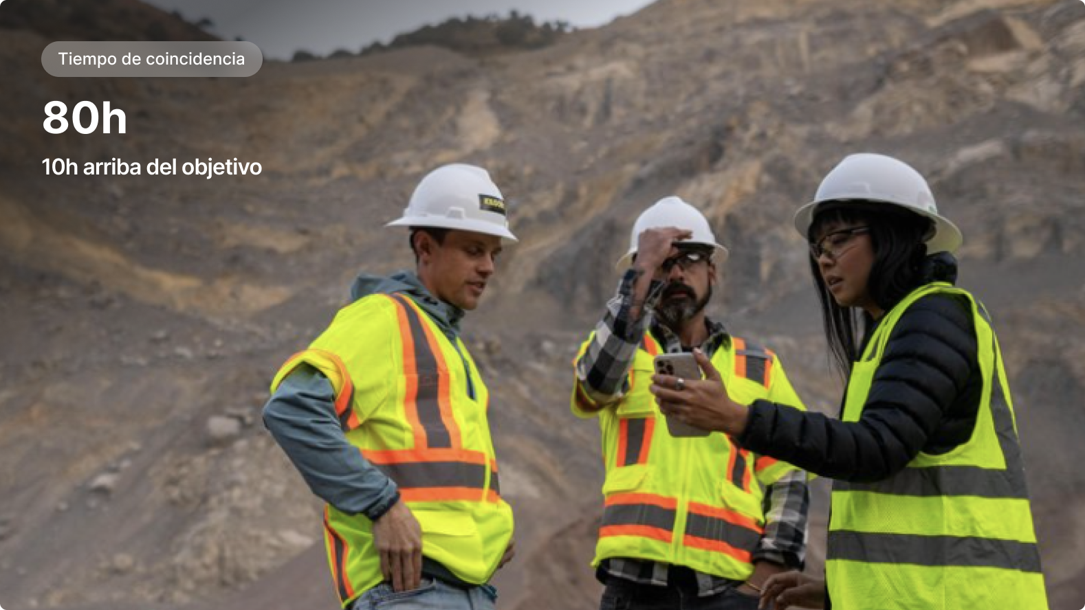 Tres trabajadores con cascos y chalecos de seguridad discutiendo en un sitio de cantera, con el tiempo de coubicación “80 h”.