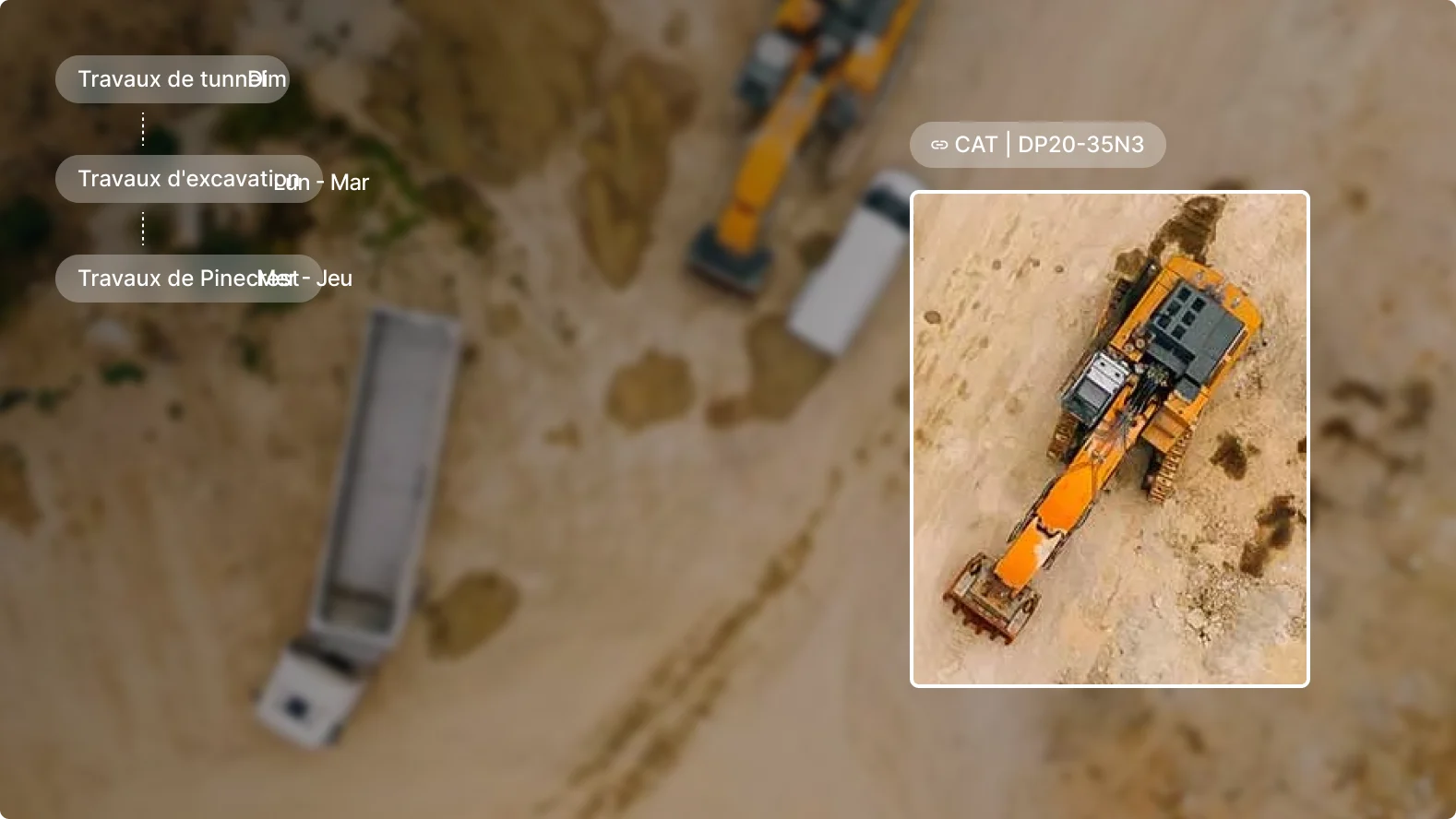 Vue aérienne du chantier avec pelleteuse CAT jaune et calendrier du projet montrant les travaux de creusement et d'excavation