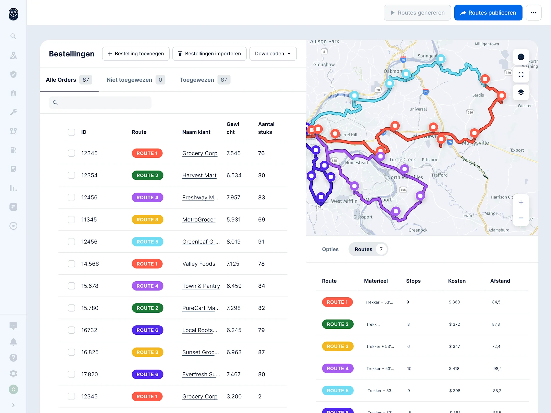 Routeplanningssoftware met bestellingenlijst en kaart waarop verschillende gekleurde bezorgroutes worden weergegeven.