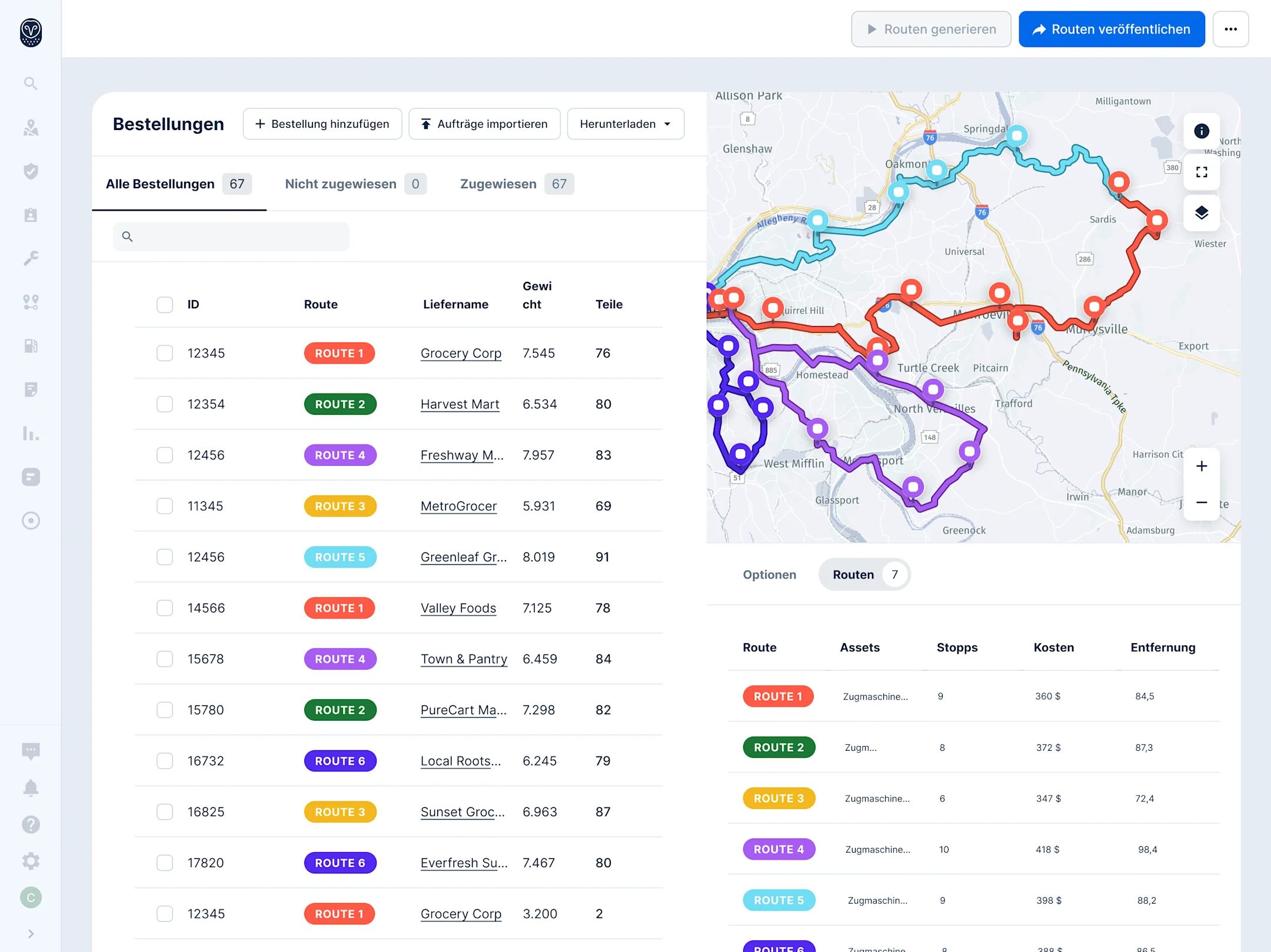 Liefermanagement-Dashboard und farbcodierten Routen auf einer Karte für verschiedene Lebensmittellieferanten.