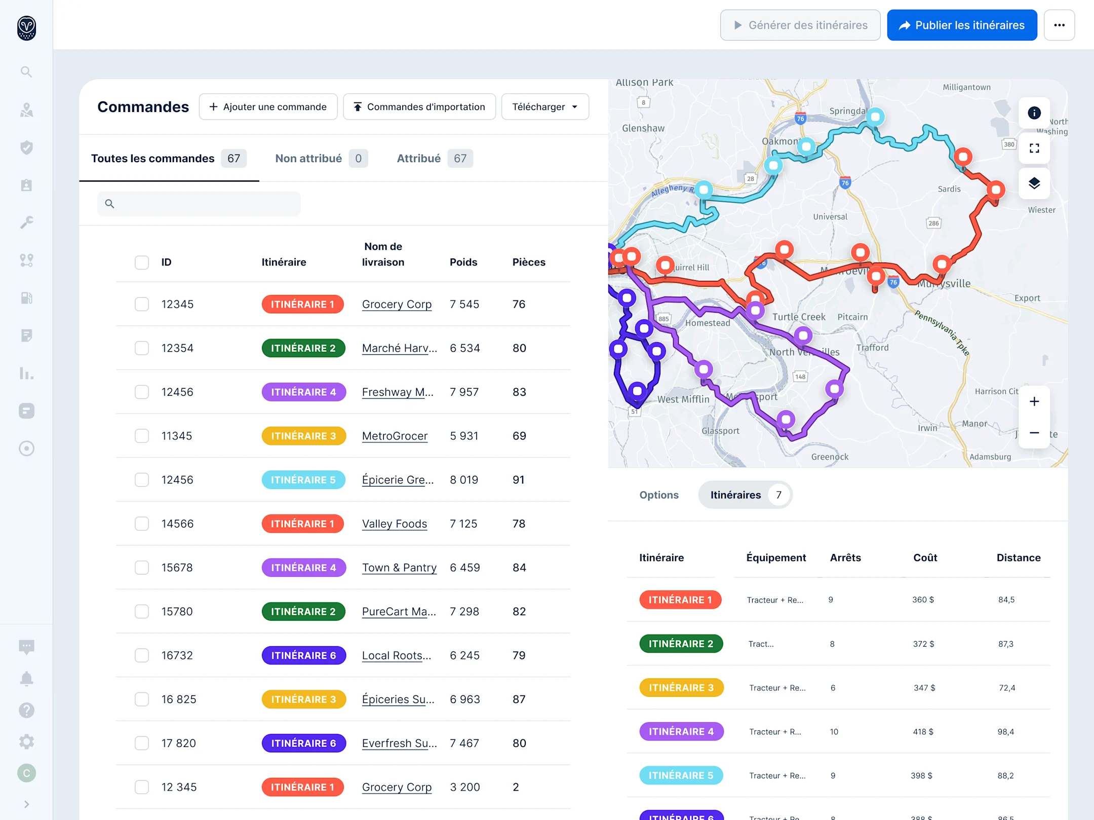 Interface de gestion de livraison et carte interactive montrant différents itinéraires colorés pour les livreurs.